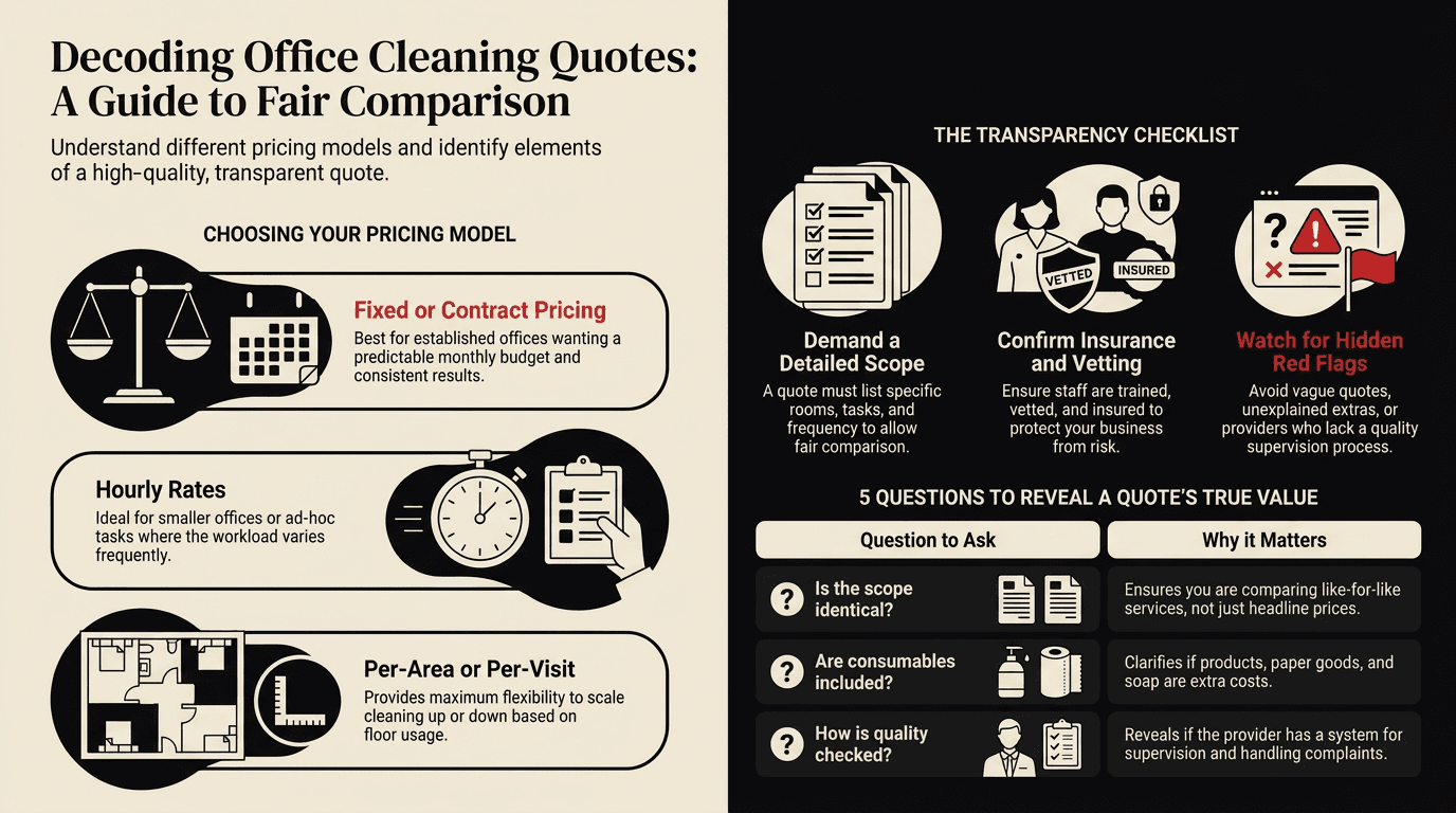Infographic explaining how office cleaning prices and quotes are built, by Taskino