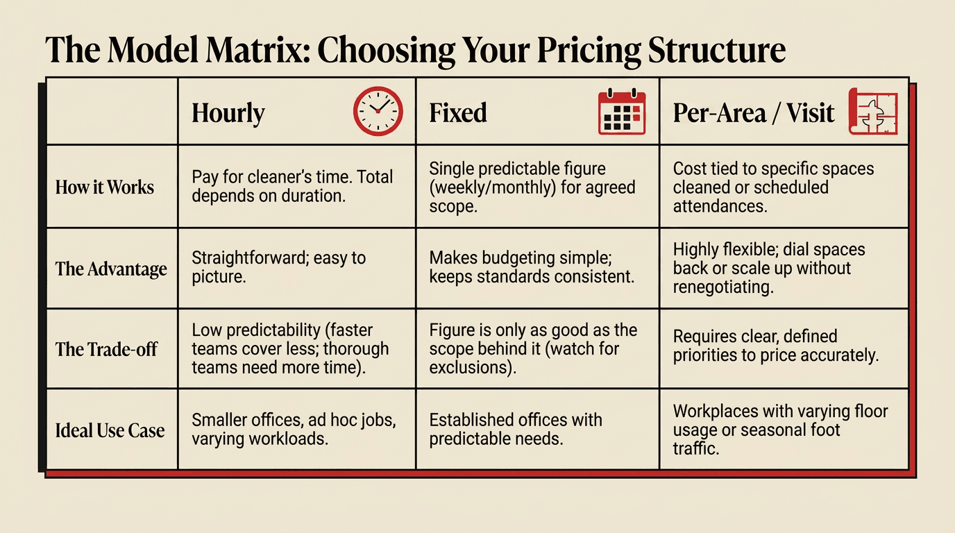 Table of the main office cleaning pricing models, by Taskino