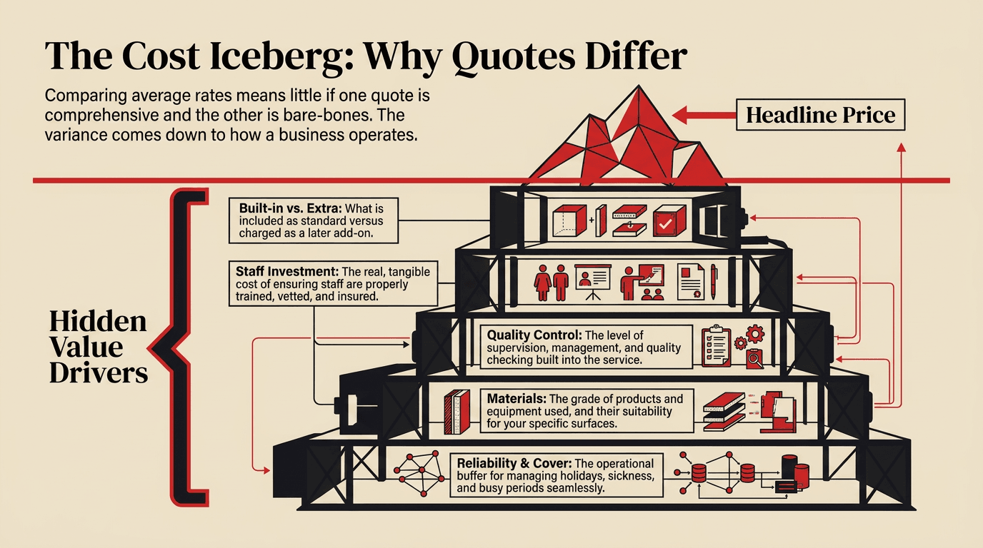 Cost iceberg diagram showing why office cleaning quotes differ, by Taskino
