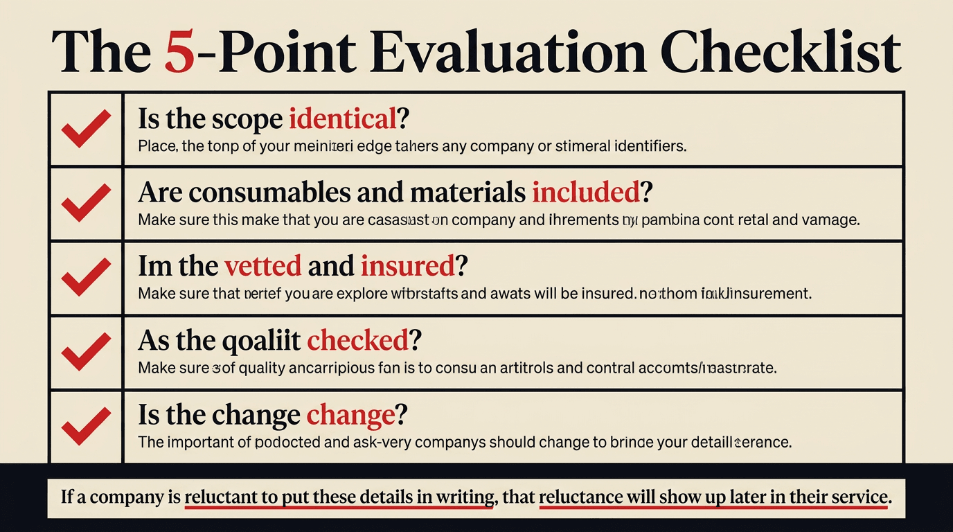 Five-point checklist for evaluating an office cleaning quote, by Taskino