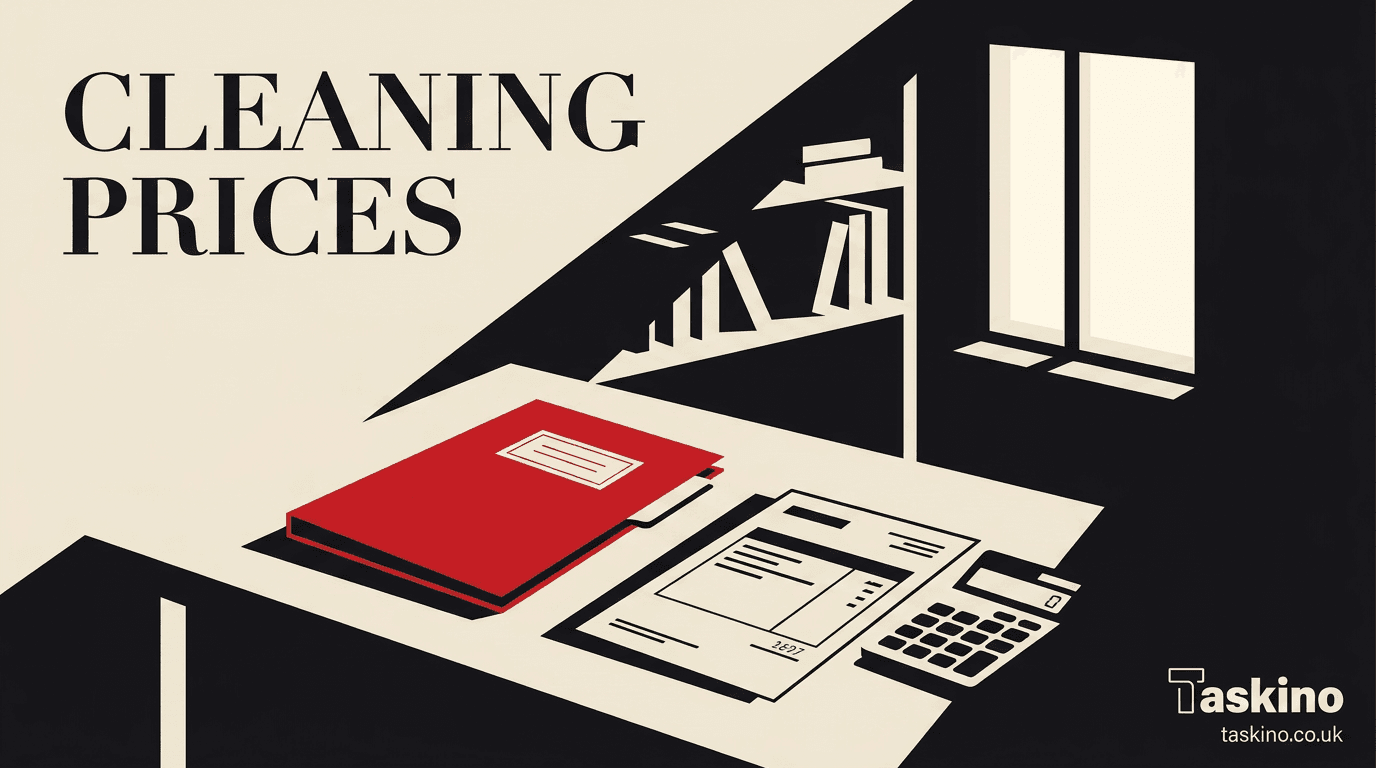 Flat-vector illustration of office cleaning pricing, for a Taskino guide to what influences office cleaning prices