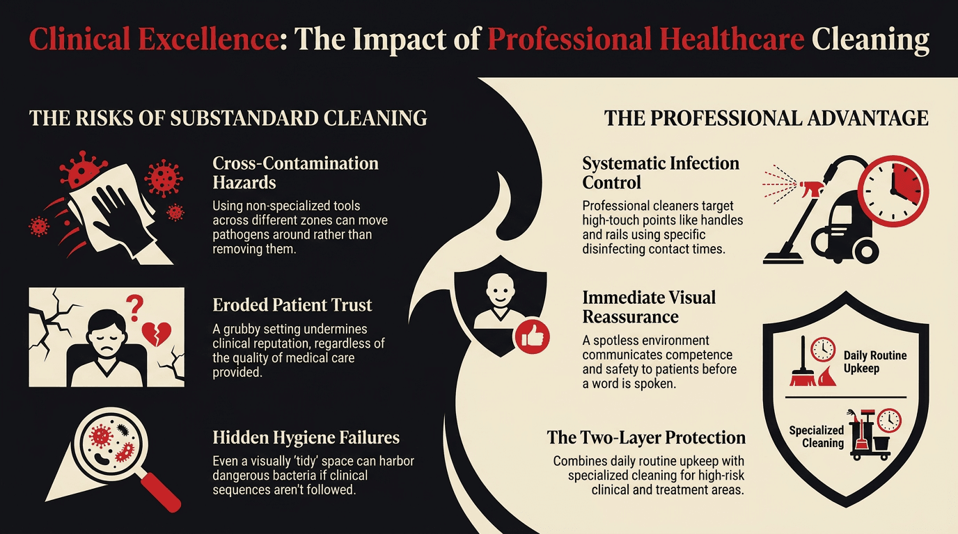 Infographic on the impact of professional healthcare and hospital cleaning, by Taskino