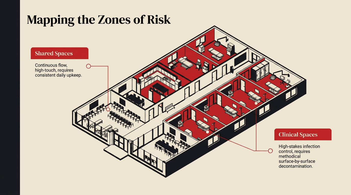 Diagram mapping the zones of infection risk in a healthcare setting, by Taskino
