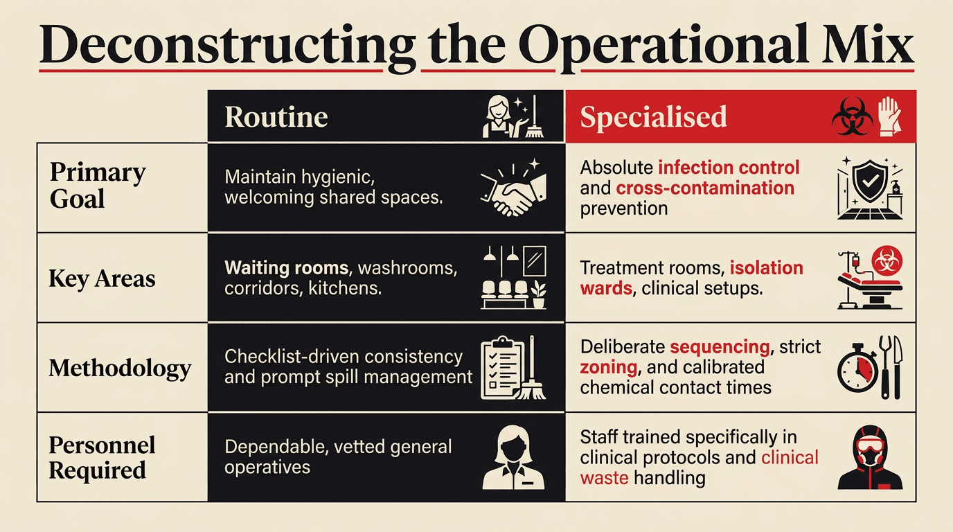 Diagram contrasting routine and specialist healthcare cleaning, by Taskino