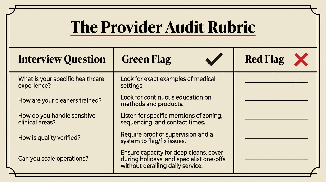 Green-flag and red-flag rubric for auditing a hospital cleaning provider, by Taskino