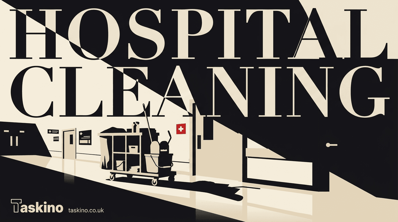 Flat-vector illustration of hospital cleaning, for a Taskino guide to choosing healthcare cleaning services