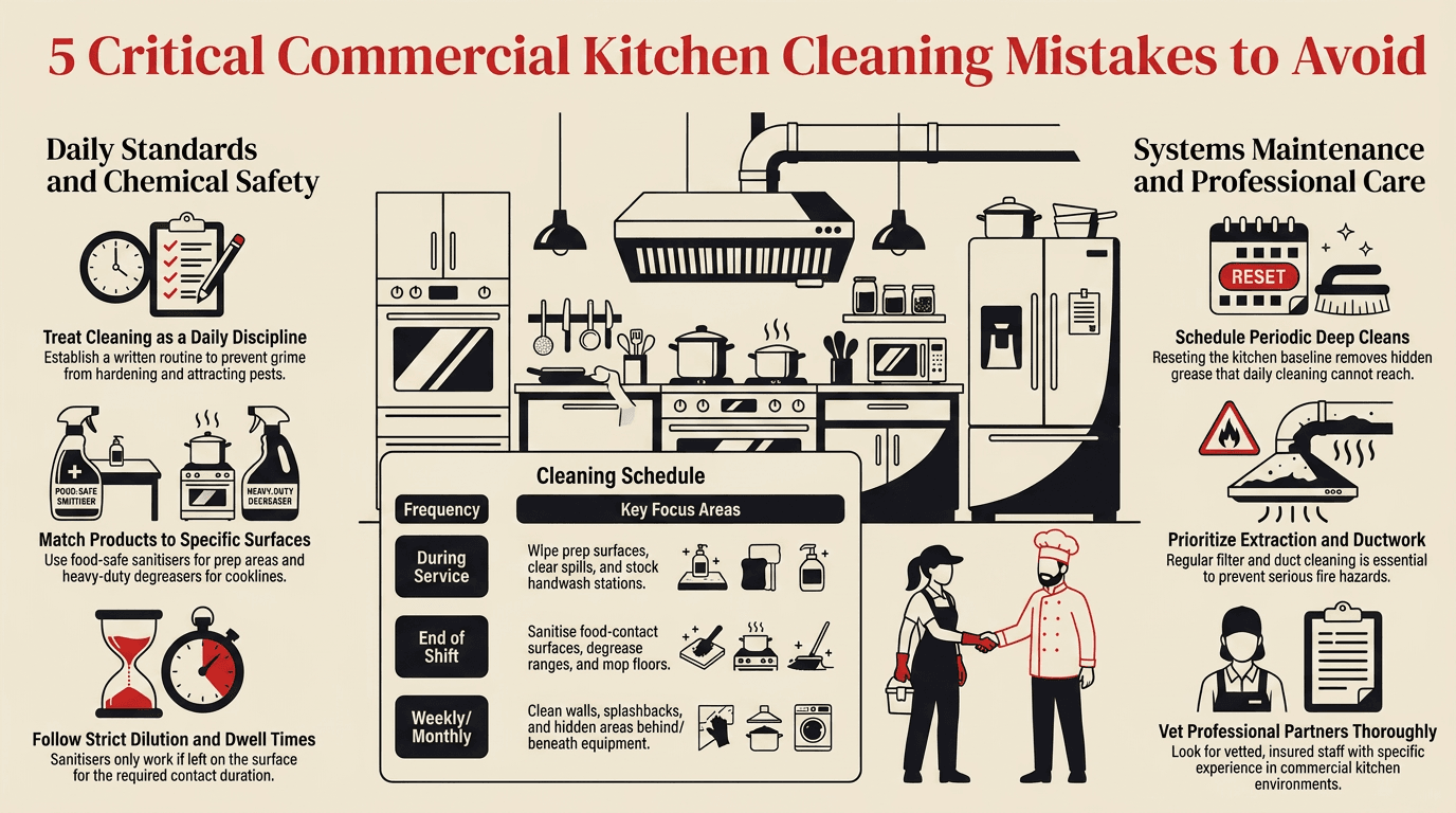 Infographic of five common commercial kitchen cleaning mistakes to avoid, by Taskino