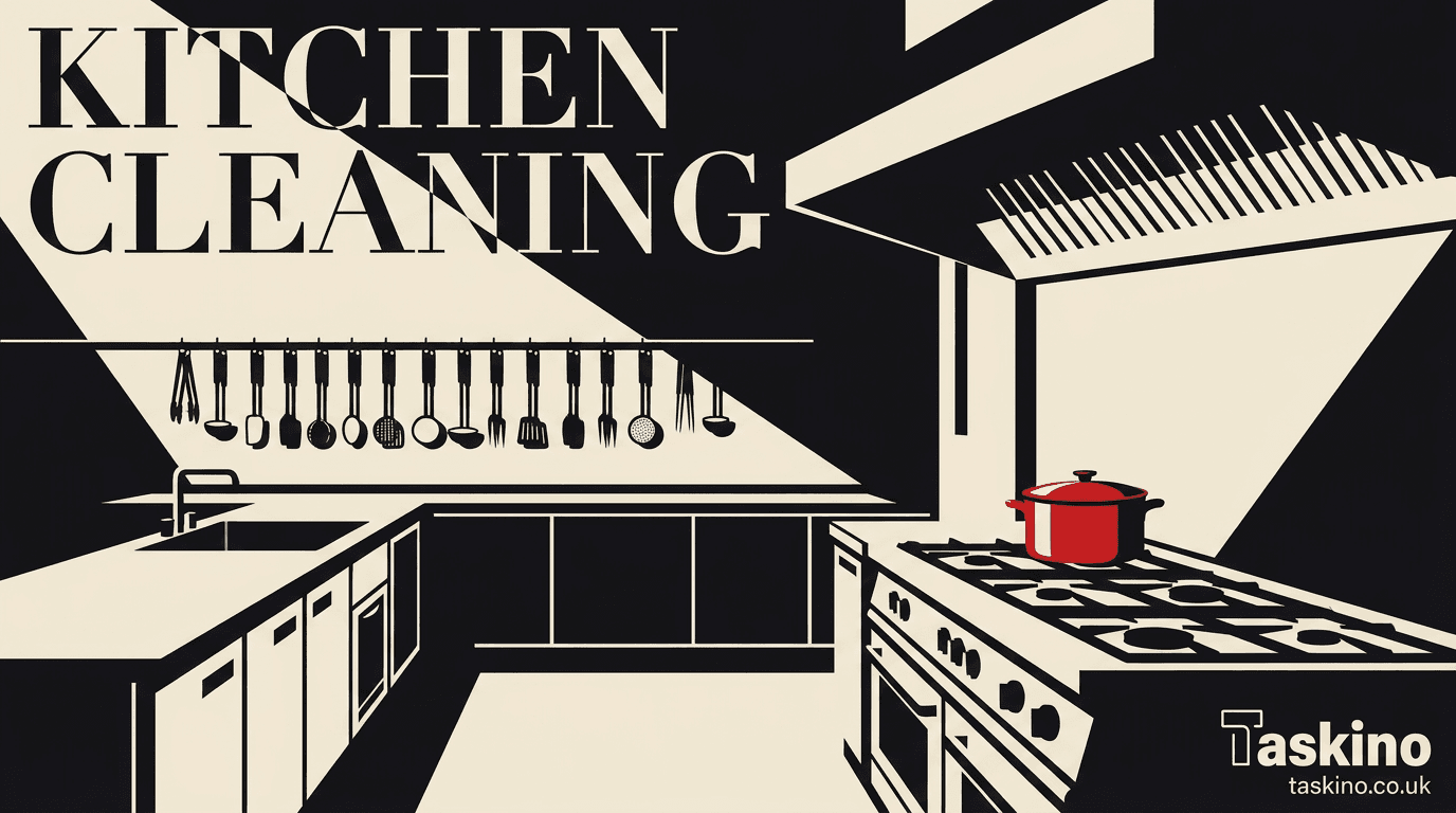 Flat-vector illustration of a commercial kitchen clean, for a Taskino guide to mistakes to avoid