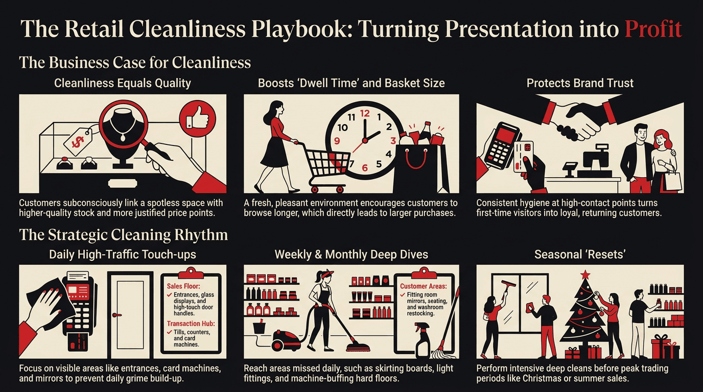 Infographic playbook for retail store cleaning, by Taskino