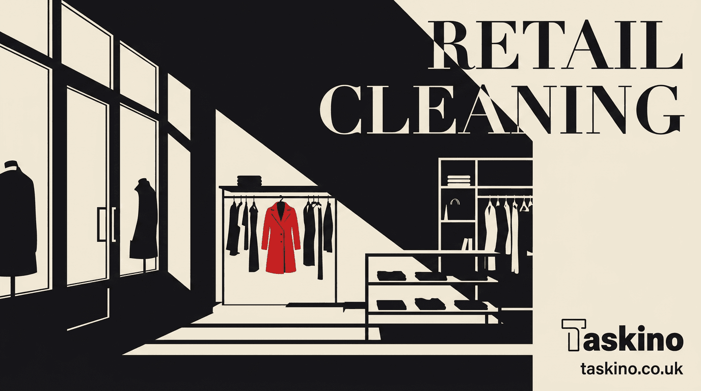 Flat-vector illustration of retail store cleaning, for a Taskino guide to shop-floor presentation