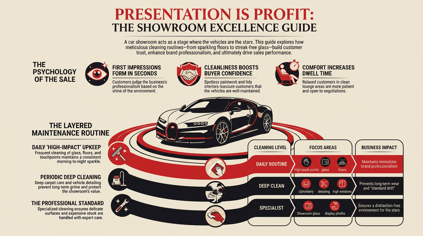 Infographic on car showroom cleaning and presentation, by Taskino