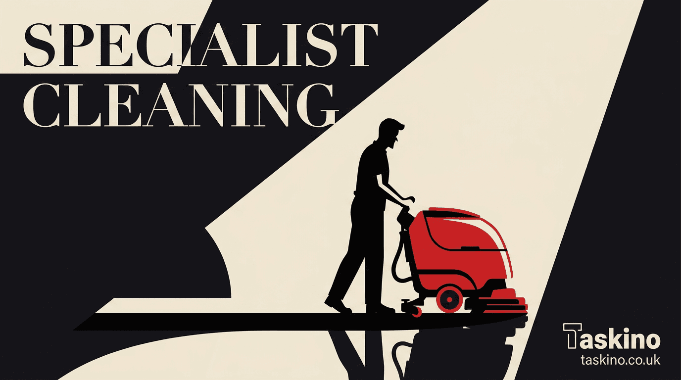 Flat-vector illustration of specialist cleaning, for a Taskino guide to choosing a provider