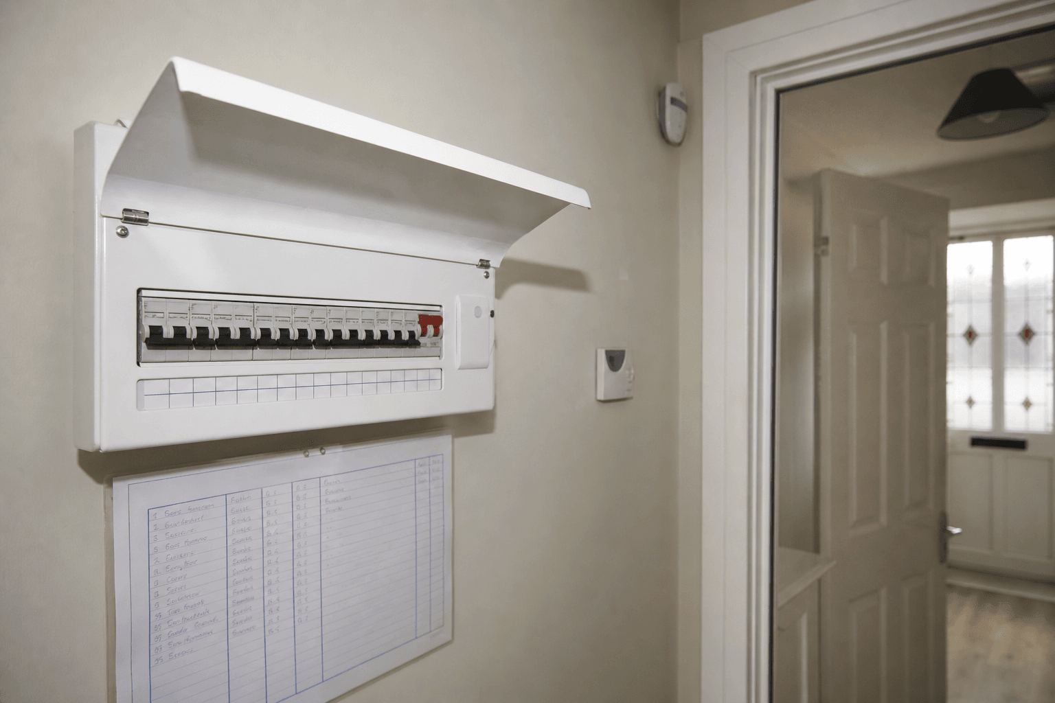 Open UK consumer unit in a hallway, modern RCBO breakers and circuit schedule
