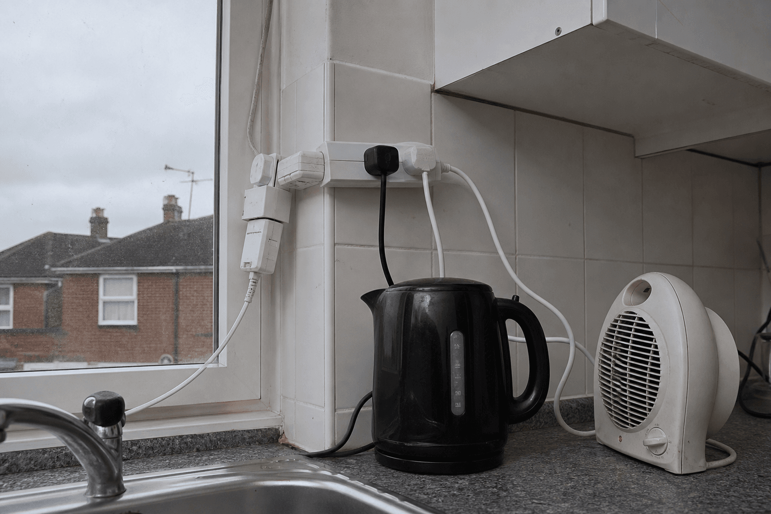 Daisy-chained extension leads in a UK kitchen powering multiple appliances