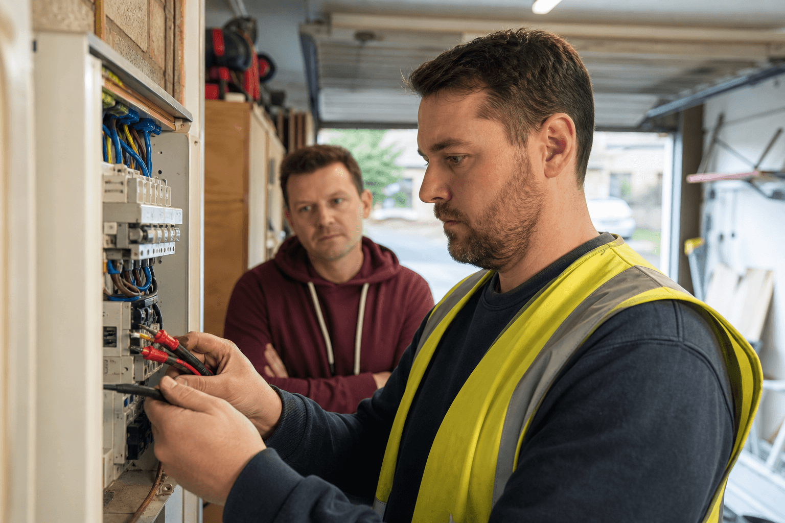 Registered electrician testing a UK consumer unit with a GS38 voltage tester