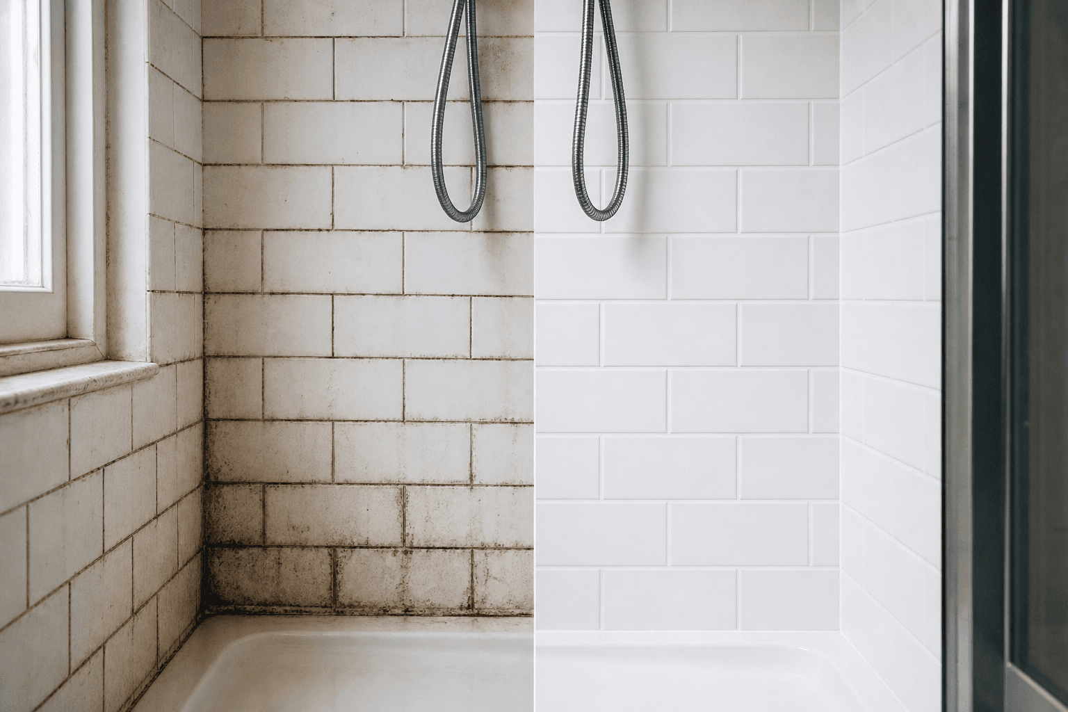 Before and after Victorian terrace bathroom shower grout restoration in a UK home