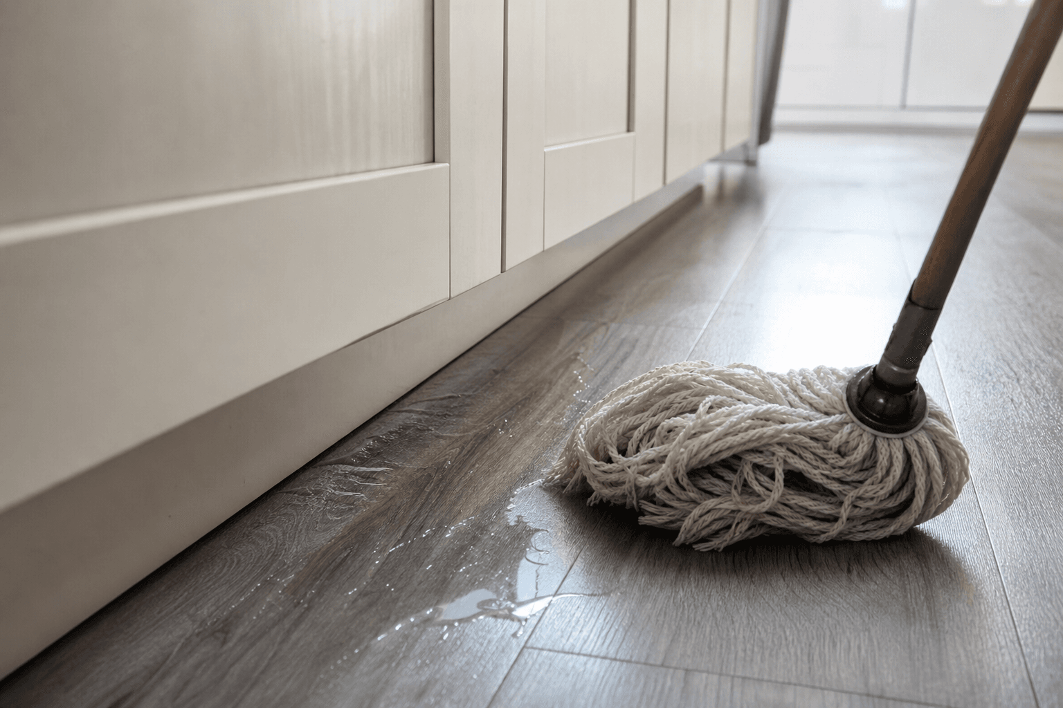Wet mop pooling water on UK kitchen laminate flooring risking swelling damage