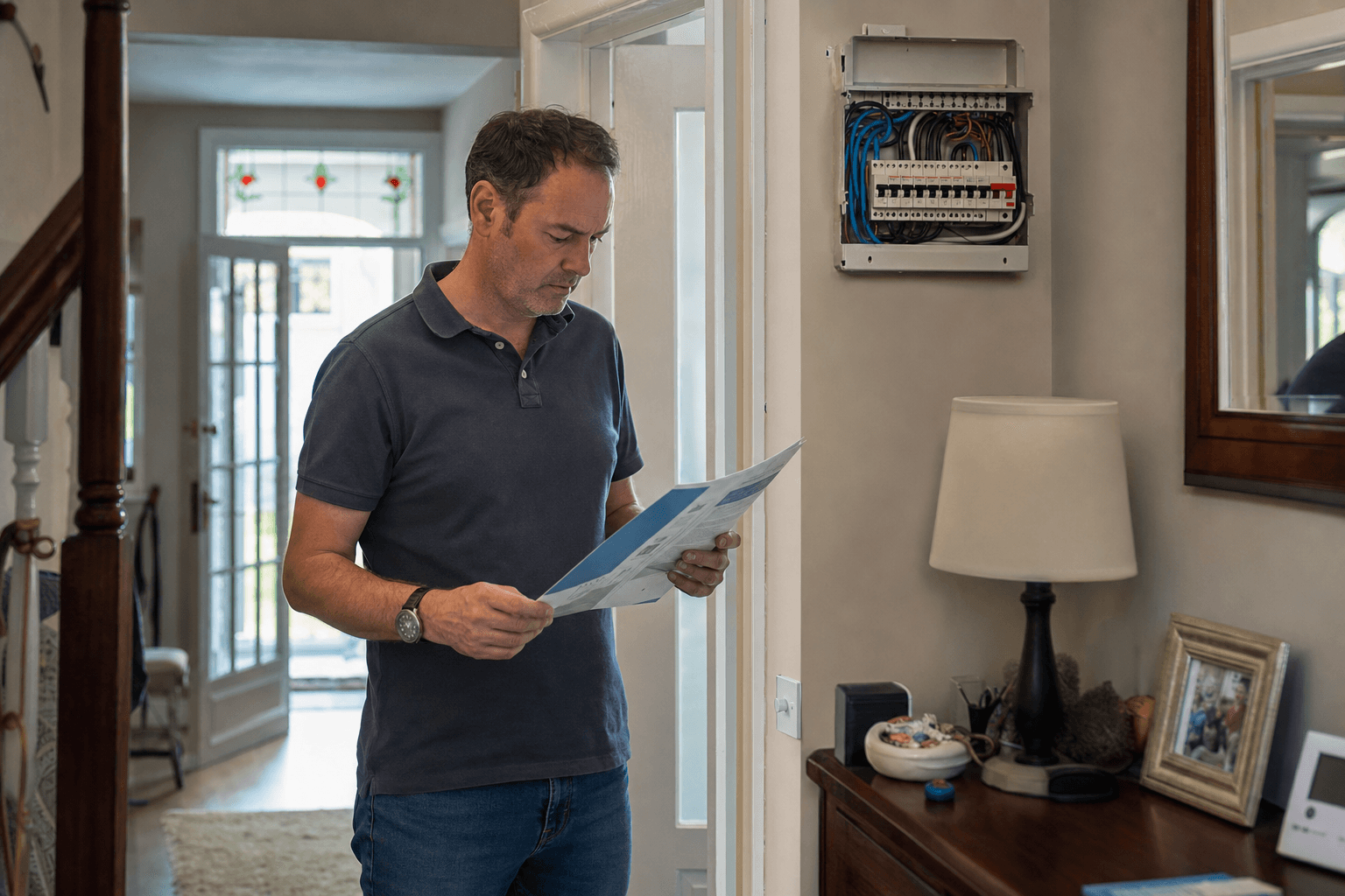 UK homeowner reviewing Part P electrical regulations beside an open consumer unit in a hallway
