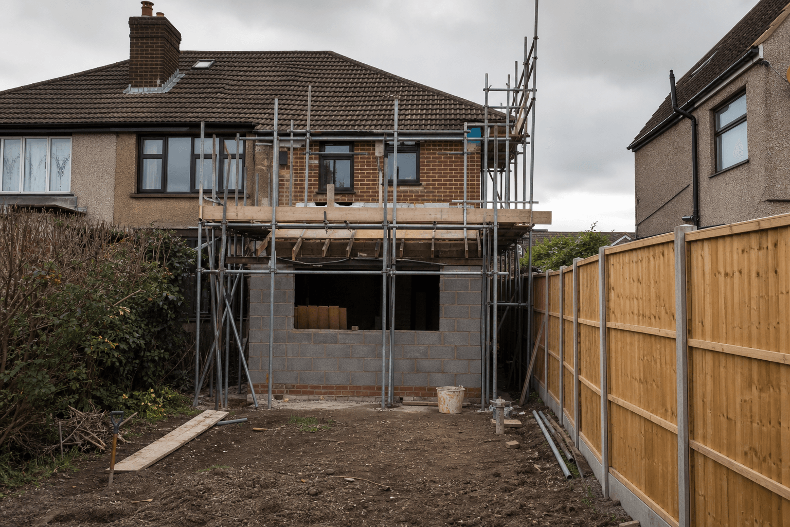UK semi-detached house with rear extension scaffolding and party wall fence
