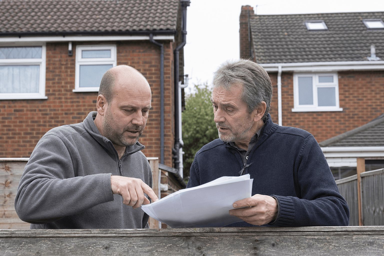 Neighbours reviewing party wall notice documents at a garden fence