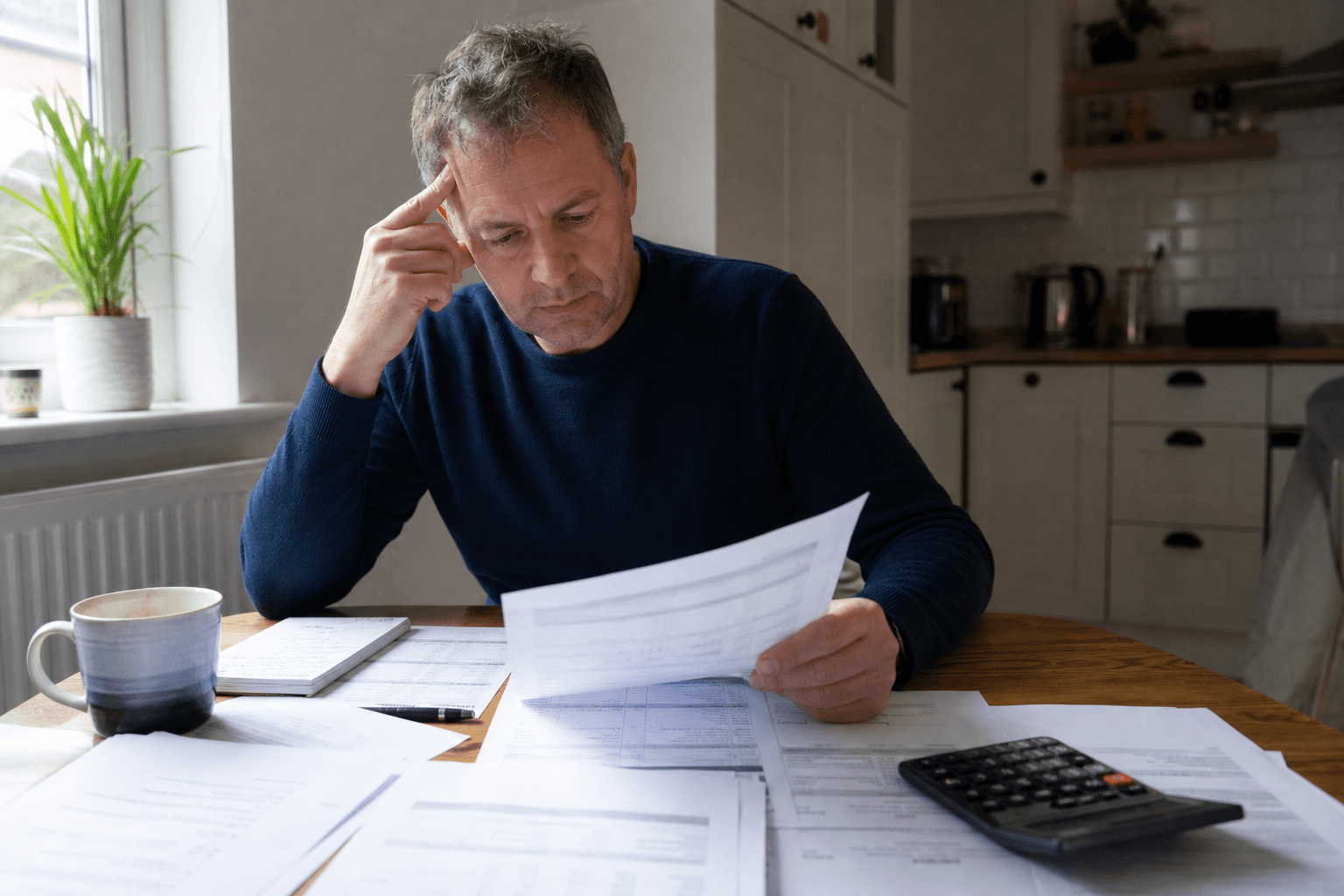 Homeowner reviewing house extension builder quote and VAT paperwork at kitchen table
