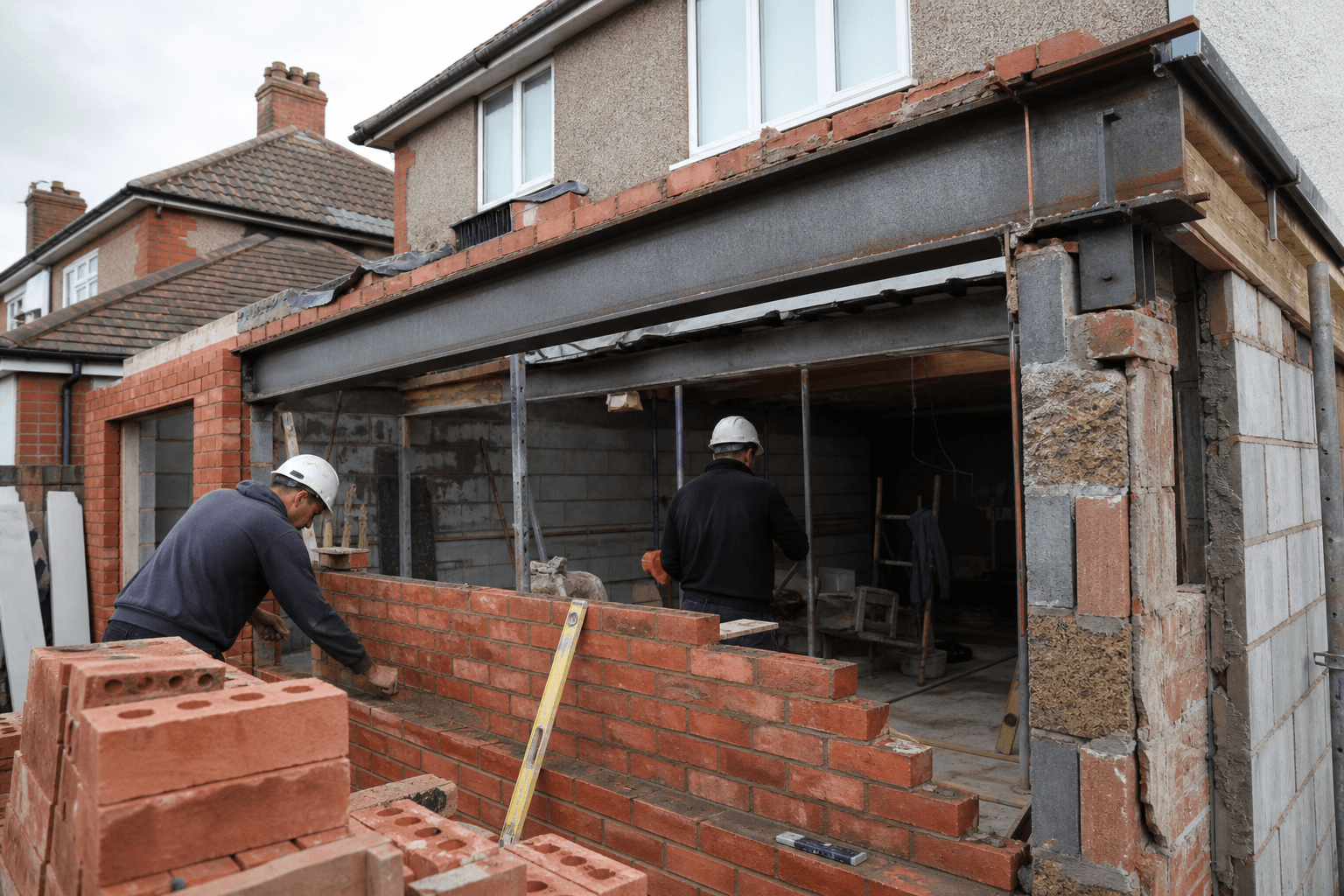 House extension build site with bricklayers and steel beam installation