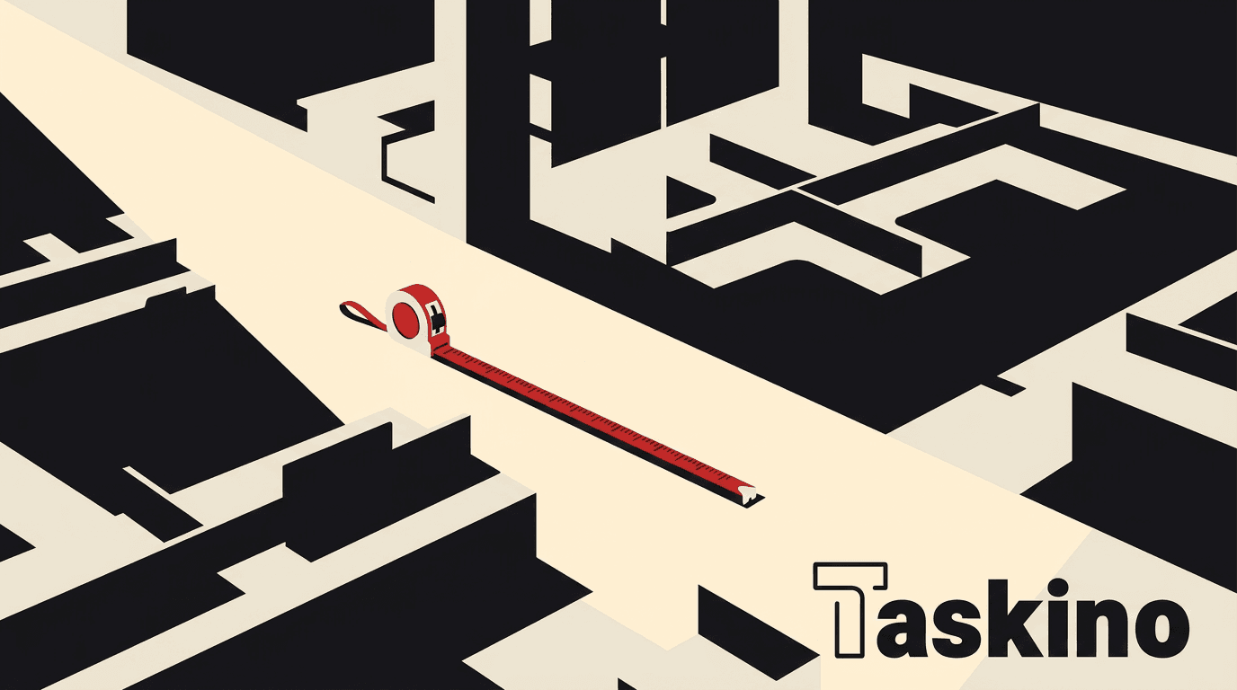 A vast open office floor measured with a tape to suggest how area drives cost, by Taskino