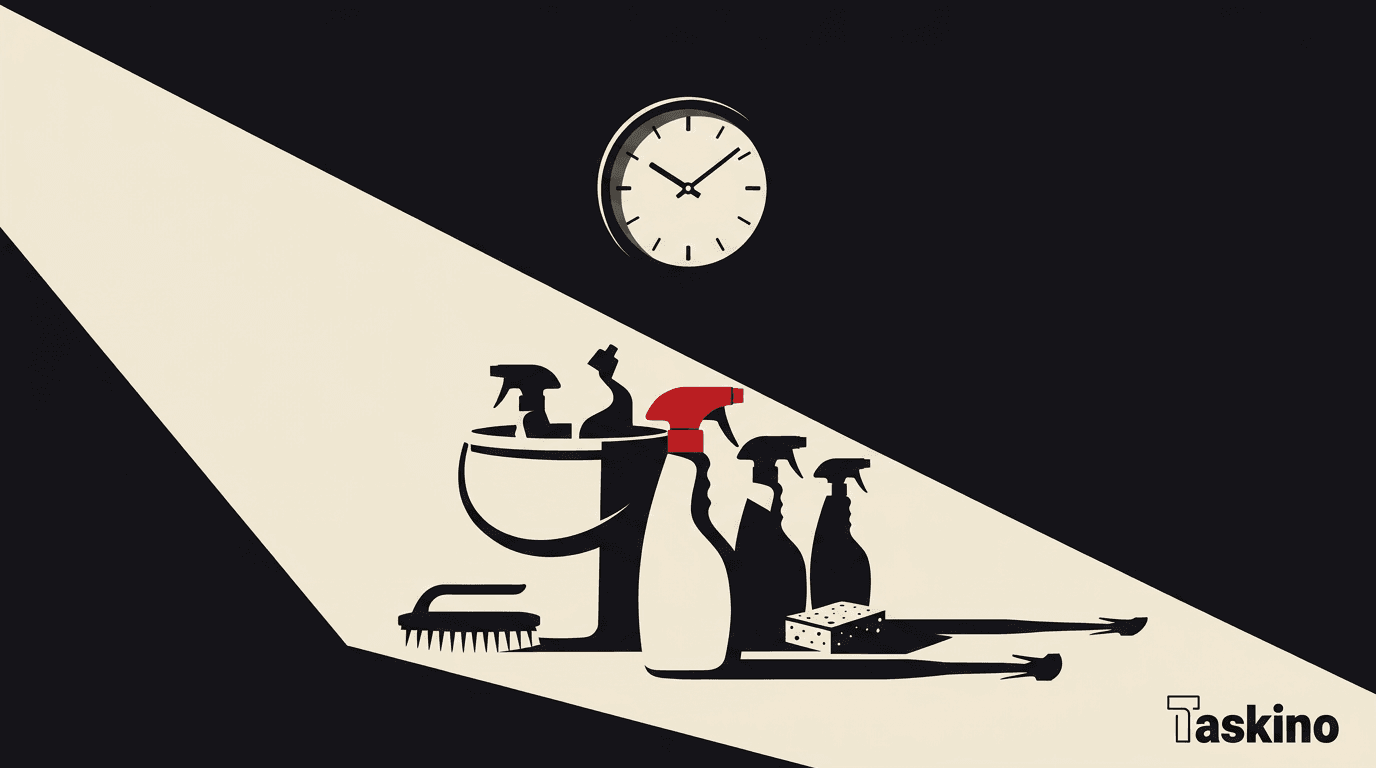 Cleaning supplies beside a wall clock to suggest how frequency drives cost, by Taskino