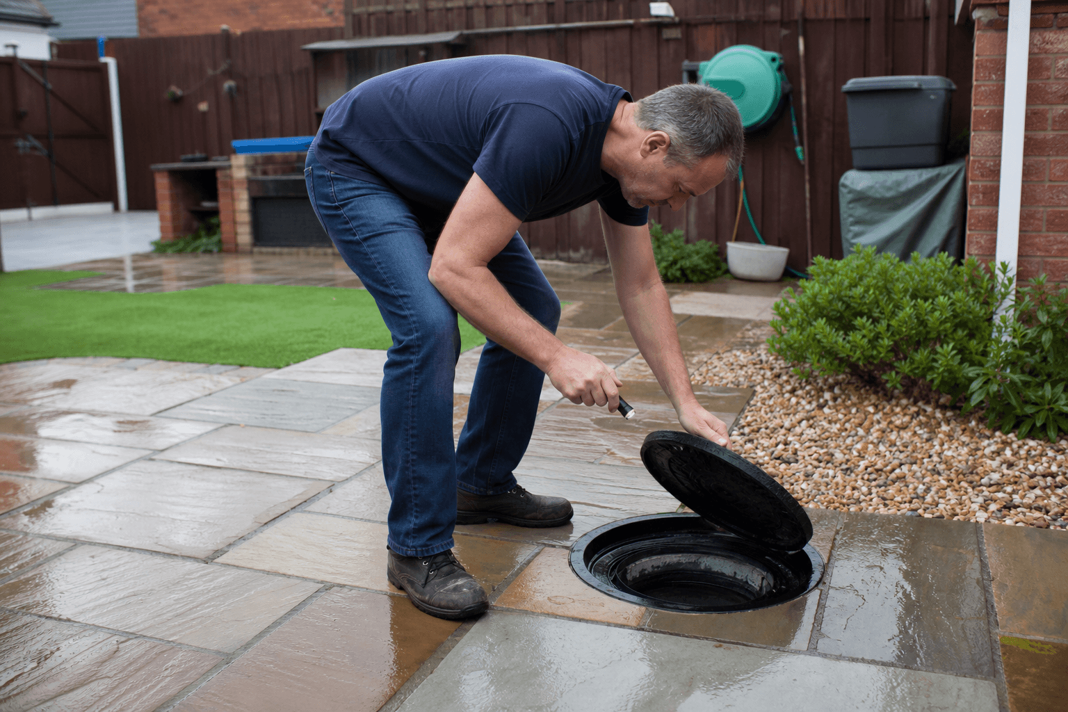 UK homeowner lifting an outside drain inspection chamber cover in a back garden