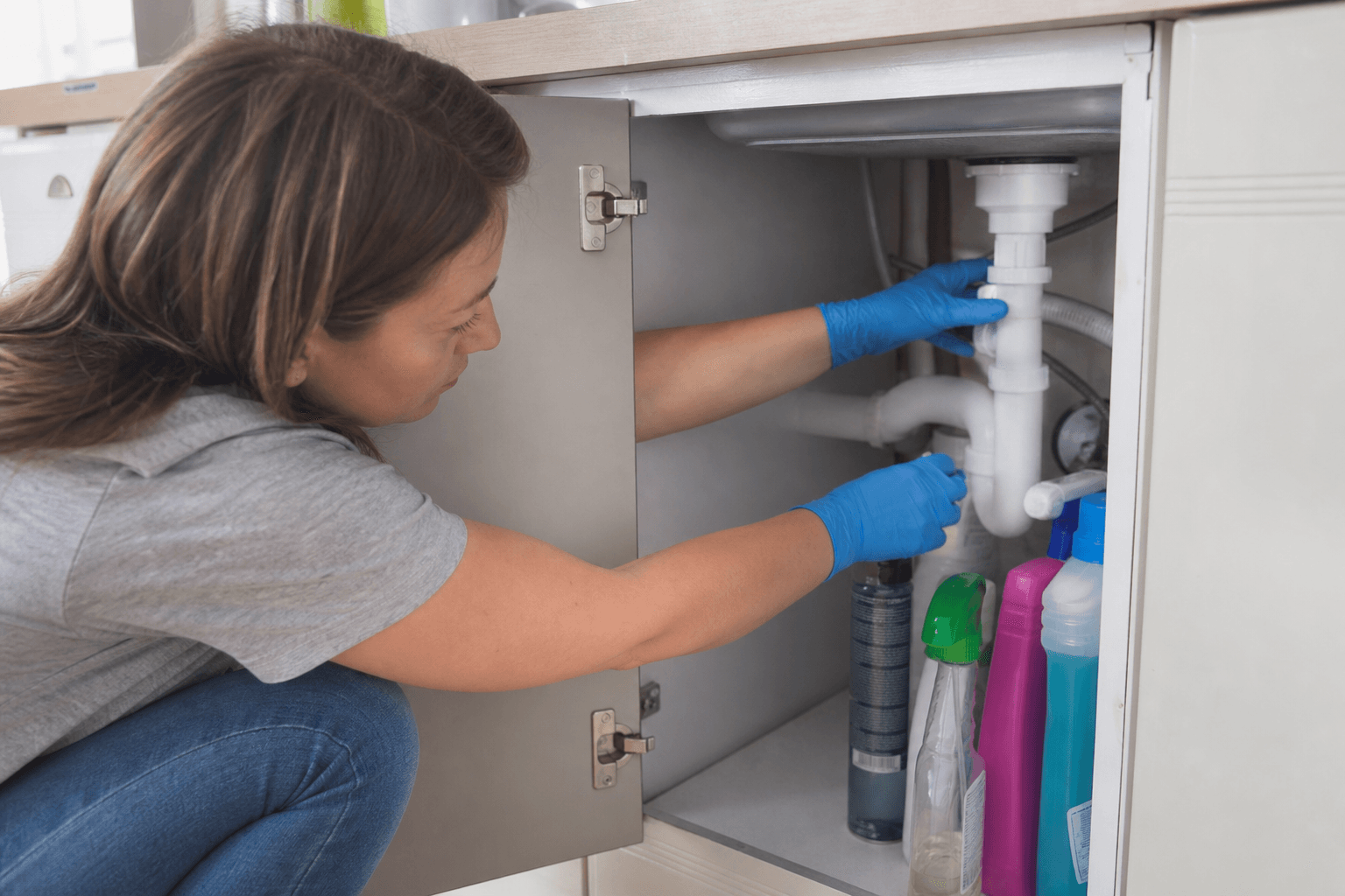 Cleaning products and UPVC trap under a UK kitchen sink with gloves