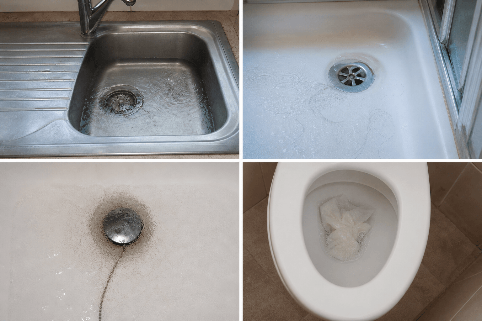 Four UK home fixtures with slow drains: kitchen sink, shower tray, bath and toilet