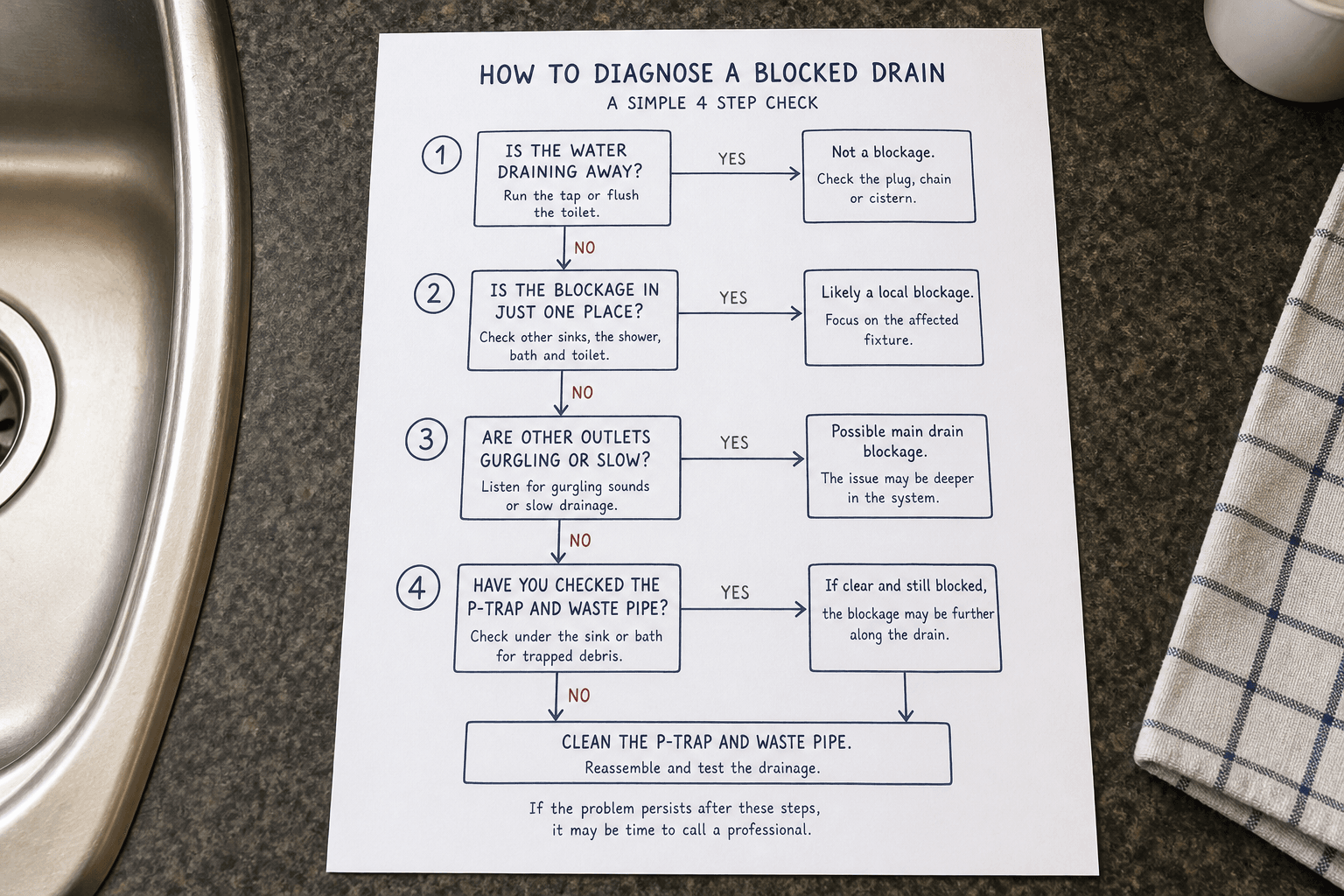 Plumbing decision flowchart for blocked sink, shower, bath or toilet in a UK home