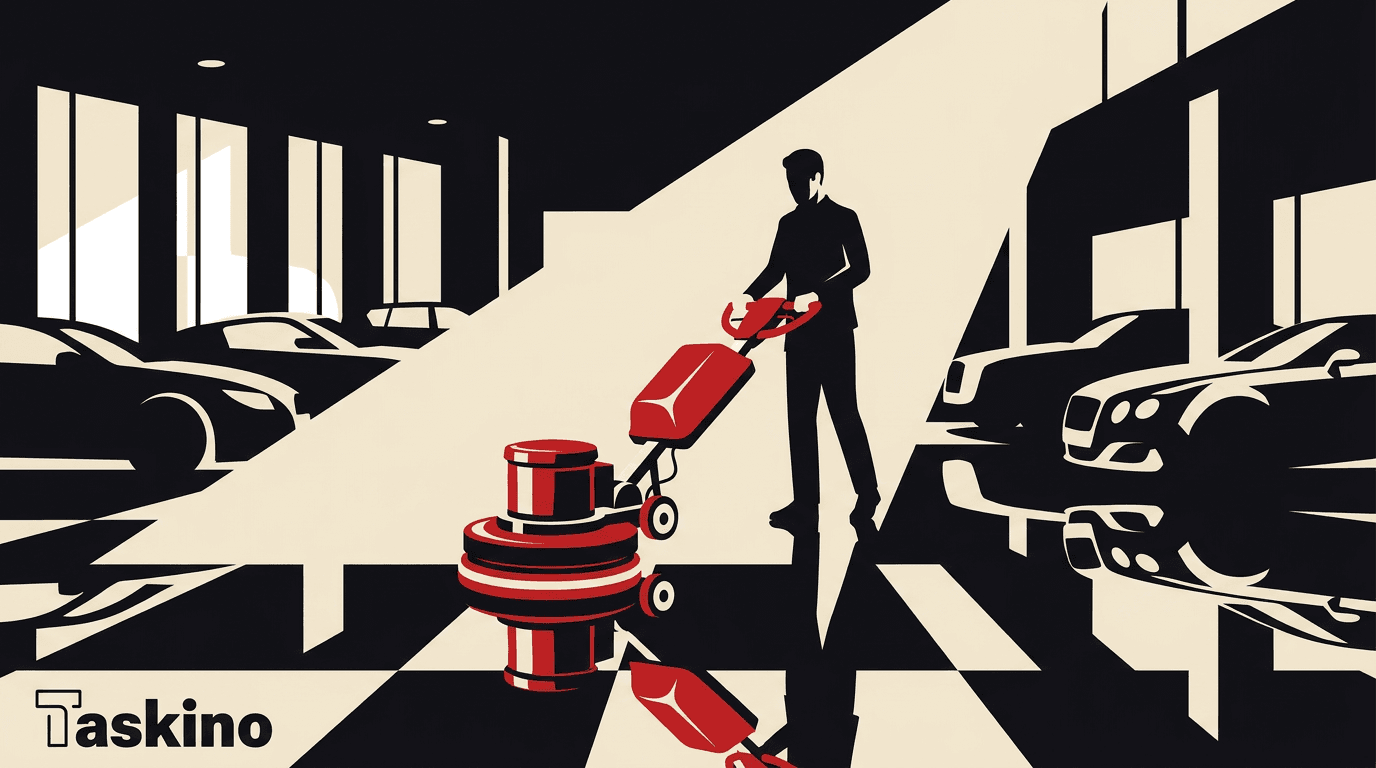 Polishing the glossy floor of a car showroom, by Taskino