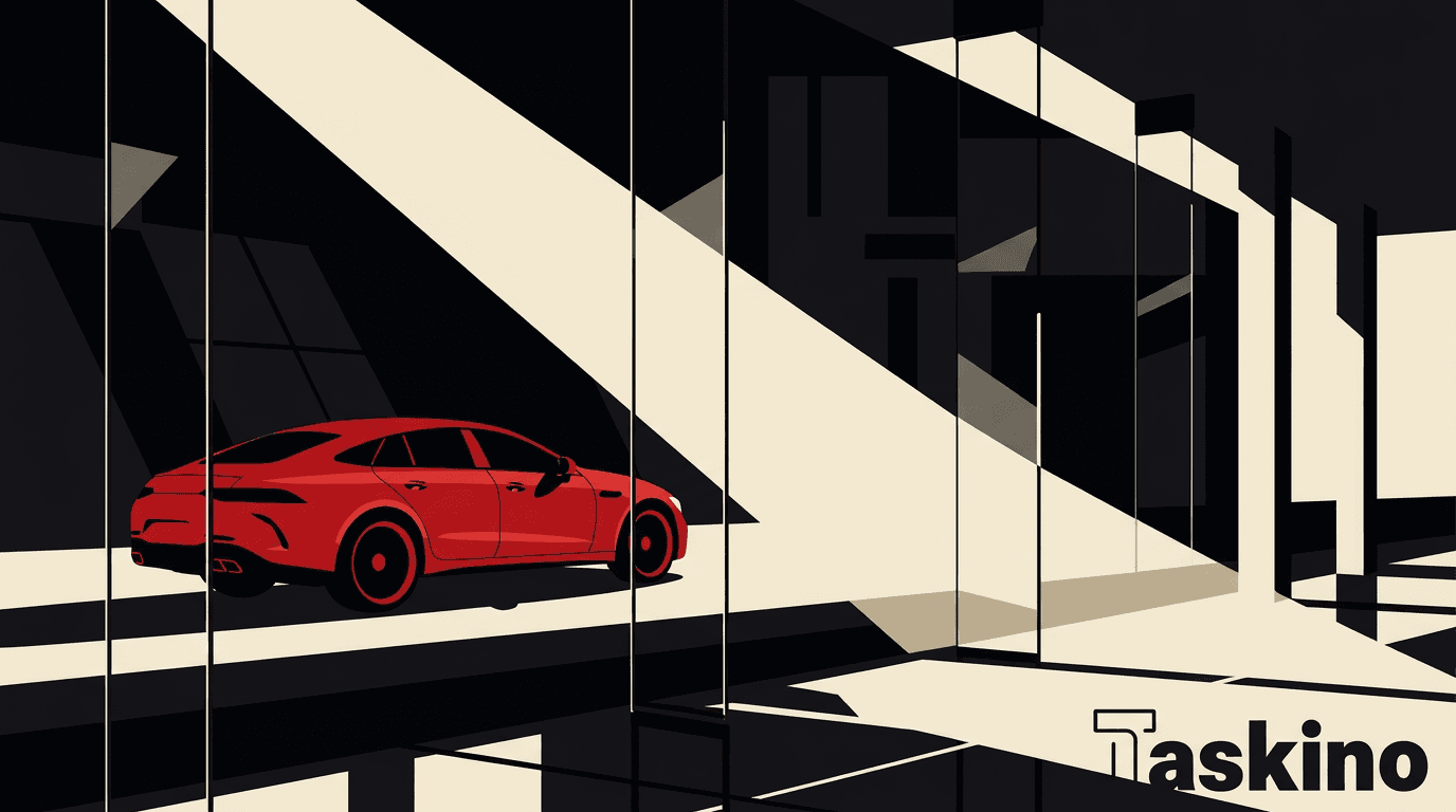 A gleaming floor-to-ceiling glass showroom wall reflecting a car, by Taskino