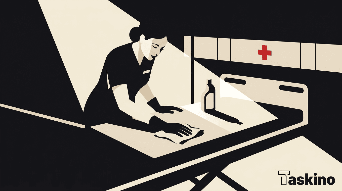 A cleaner carefully sanitising a clinical hospital surface, by Taskino