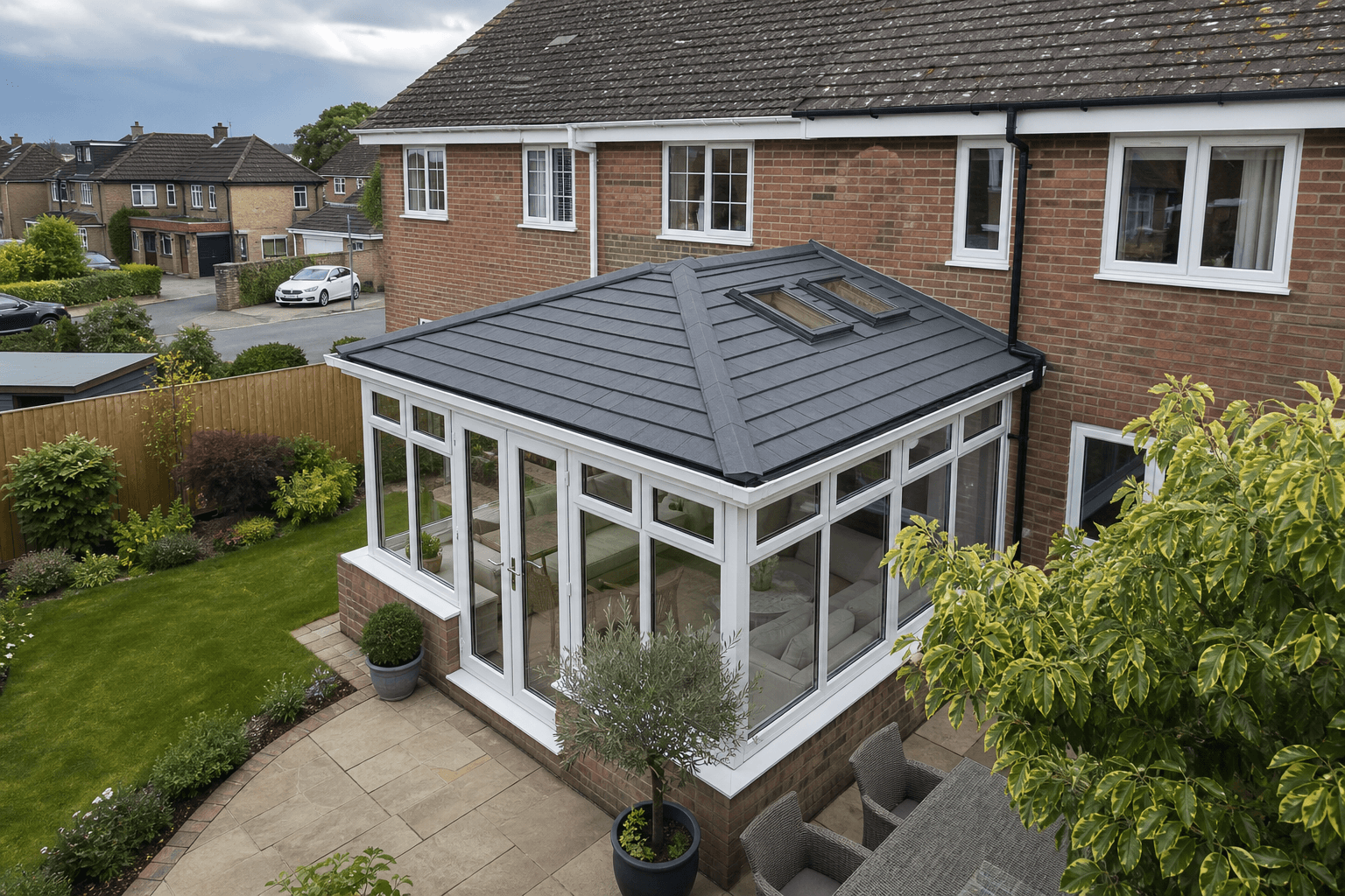 UK conservatory with new lightweight tiled roof on a semi-detached home