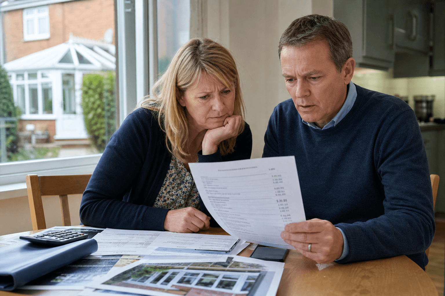 UK homeowner reviewing a conservatory roof replacement quote at the kitchen table