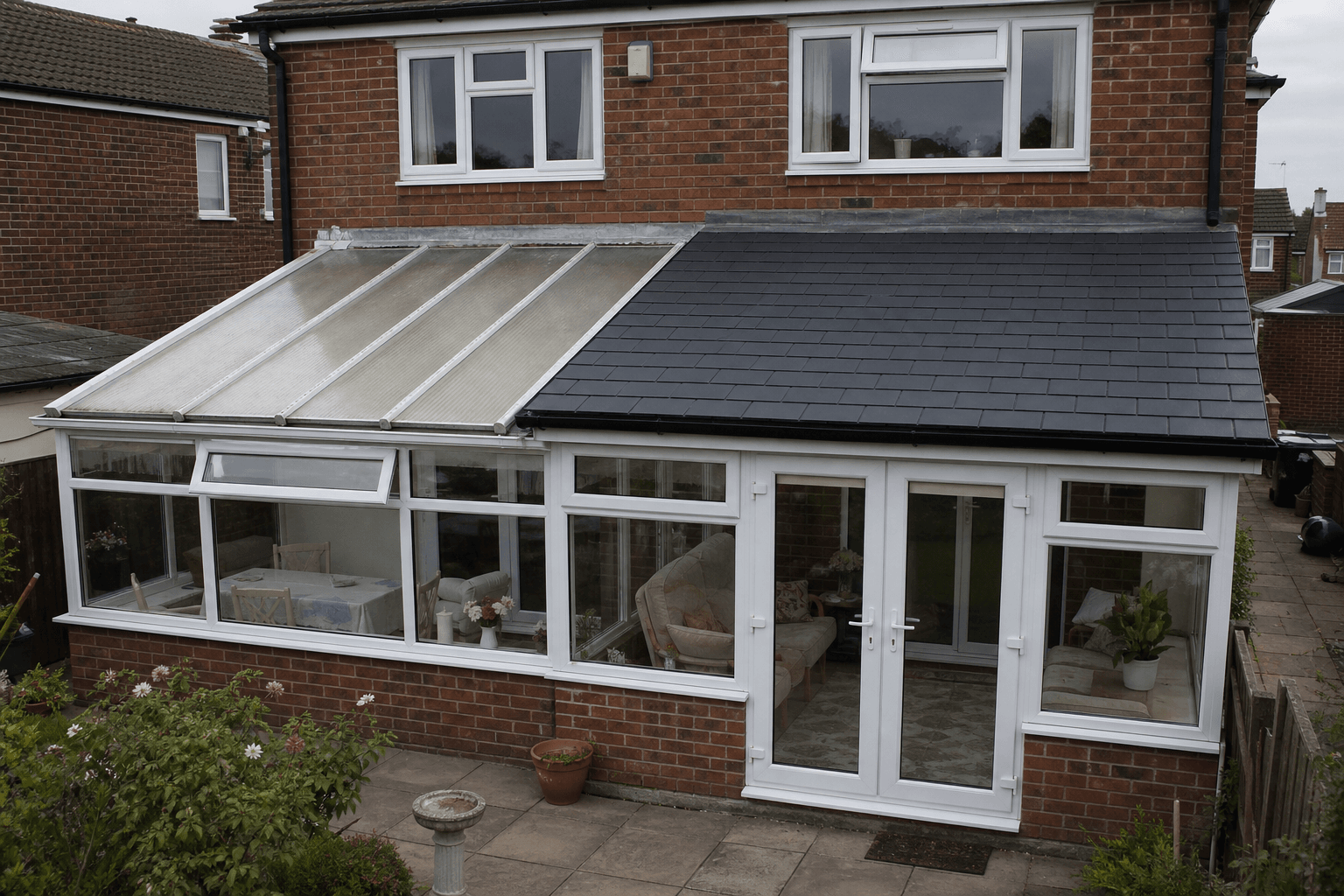 Conservatory exterior showing polycarbonate roof beside a new lightweight tiled roof