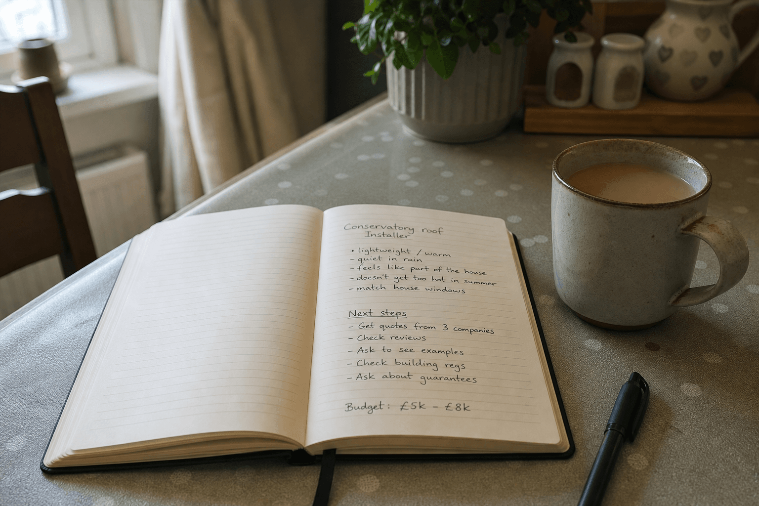 Notebook and builders tea on a kitchen table while planning conservatory roof installer search