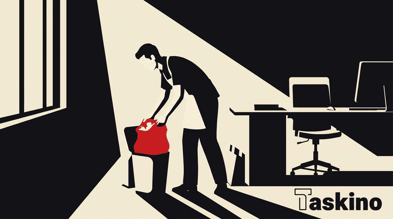 A cleaner emptying a waste bin in a tidy office at the end of the day, by Taskino