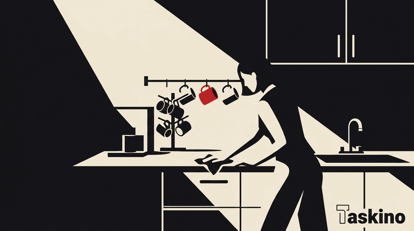 Wiping an office kitchenette counter with mugs on a rack, by Taskino