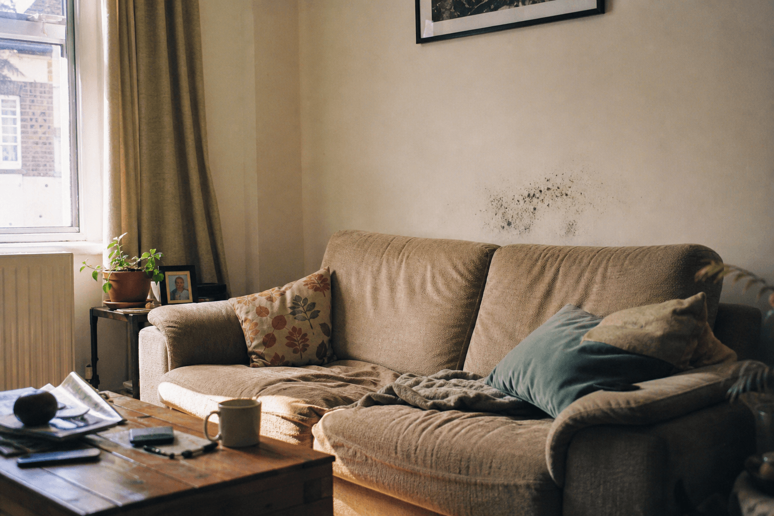 UK living room with small black mould patch on wall behind sofa