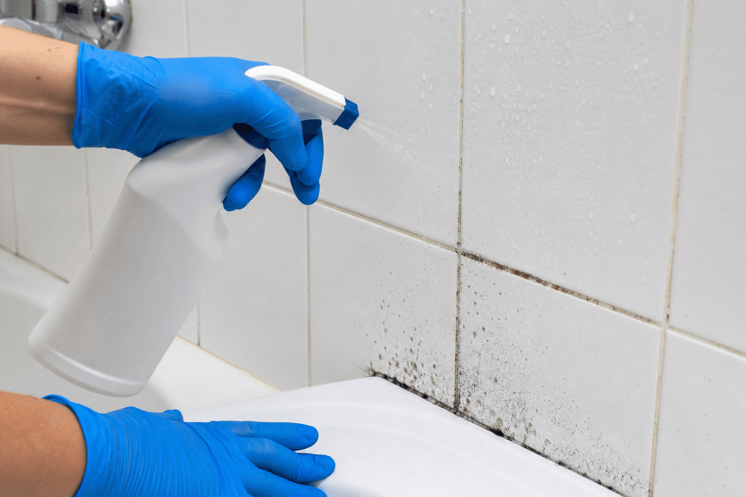 Gloved hands spraying mould treatment on bathroom wall tiles