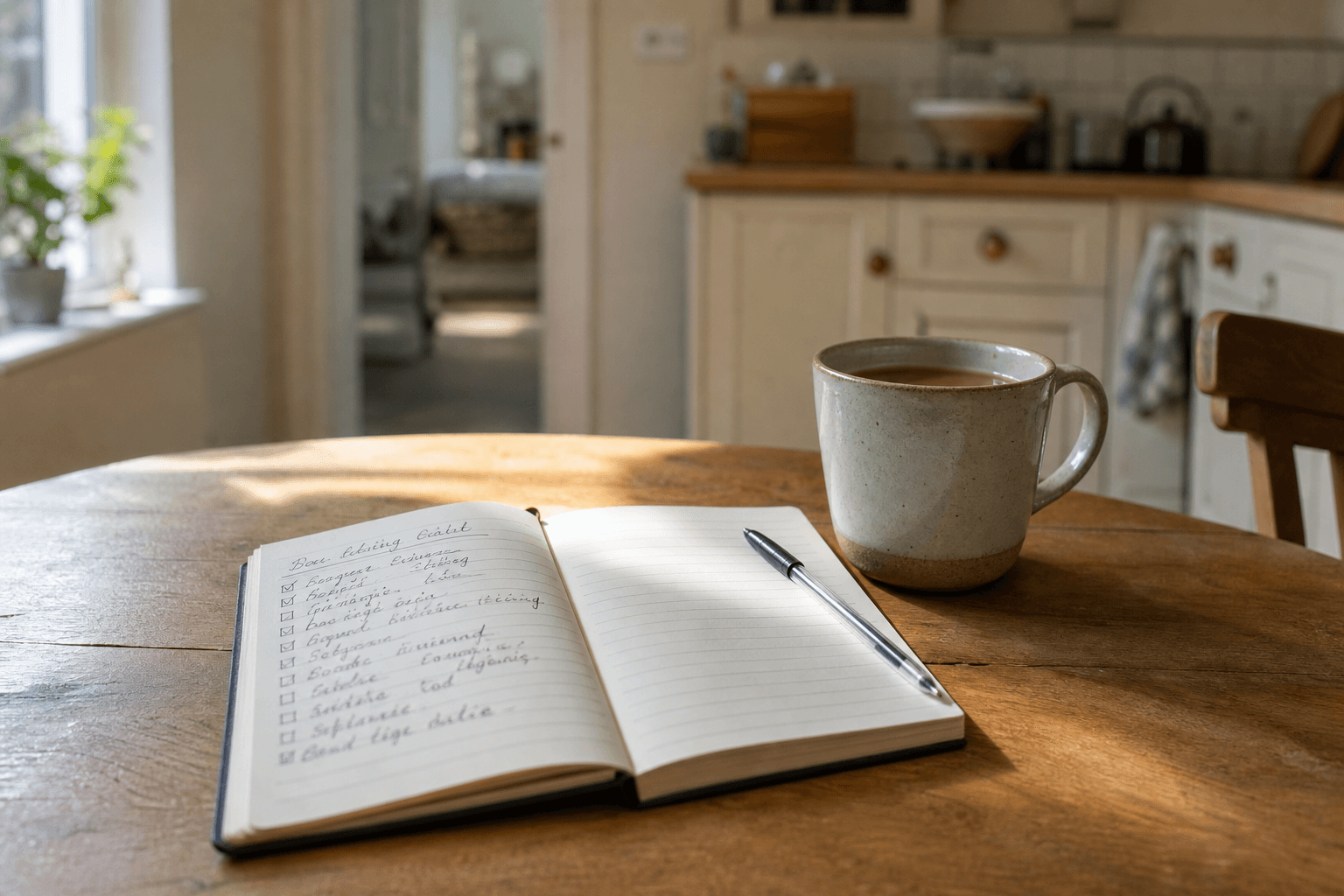 Notebook on kitchen table with tea for planning a damp surveyor visit