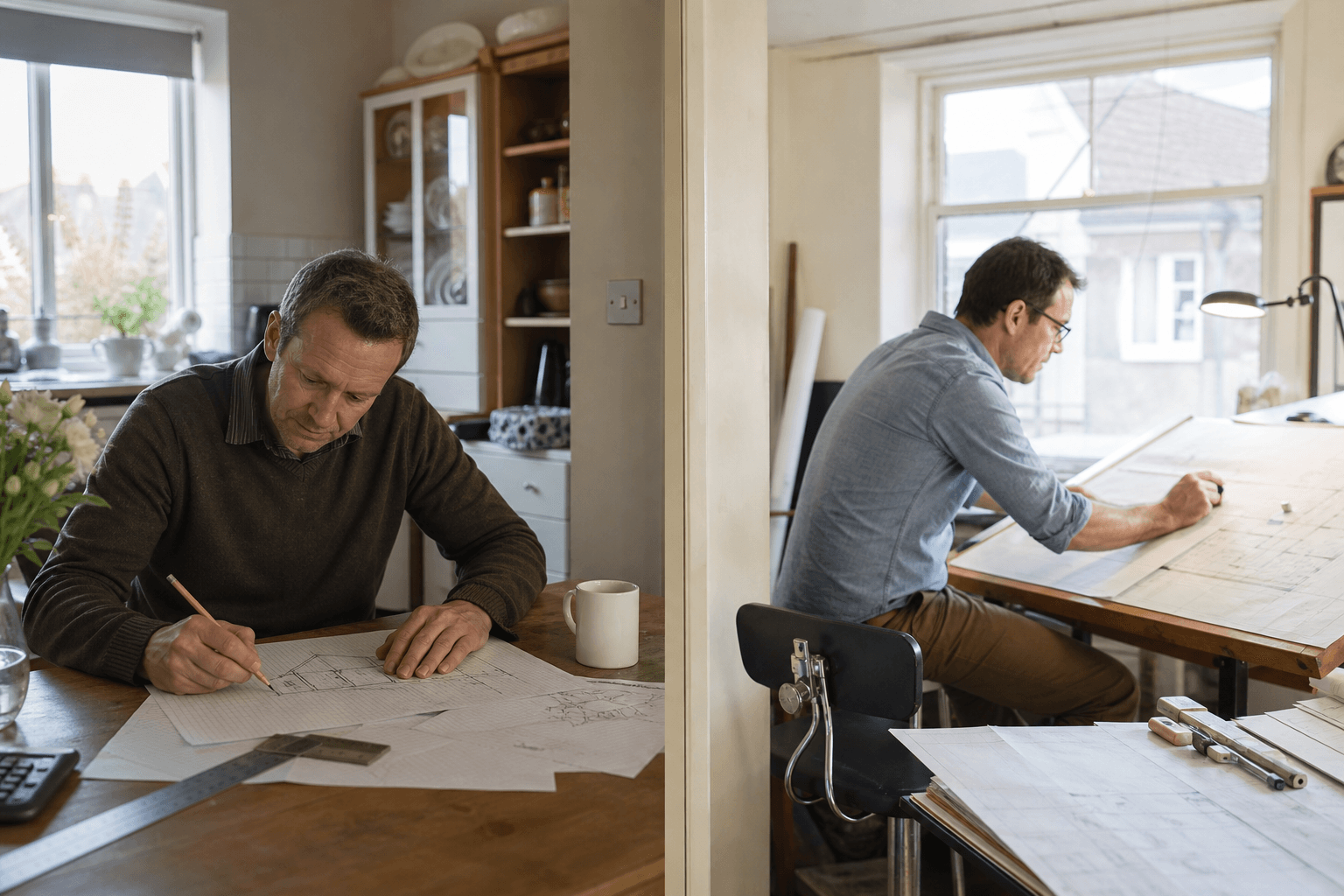 Homeowner sketching extension plans with a chartered architect at a drawing board in a UK home