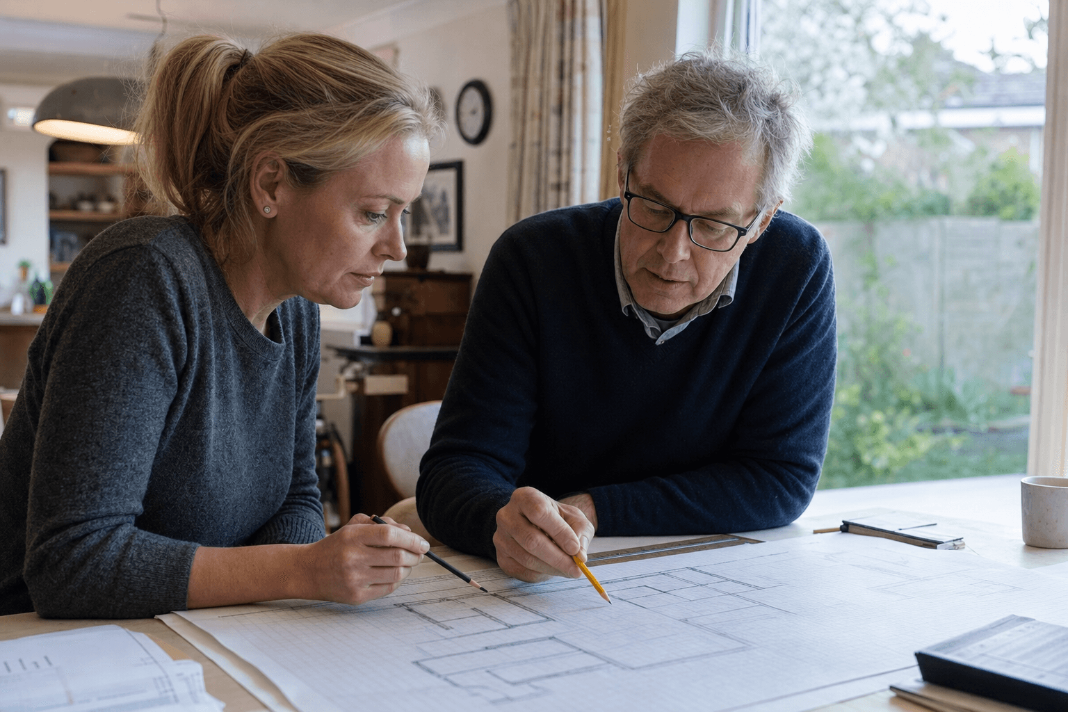 Homeowner and architect reviewing kitchen extension drawings on graph paper