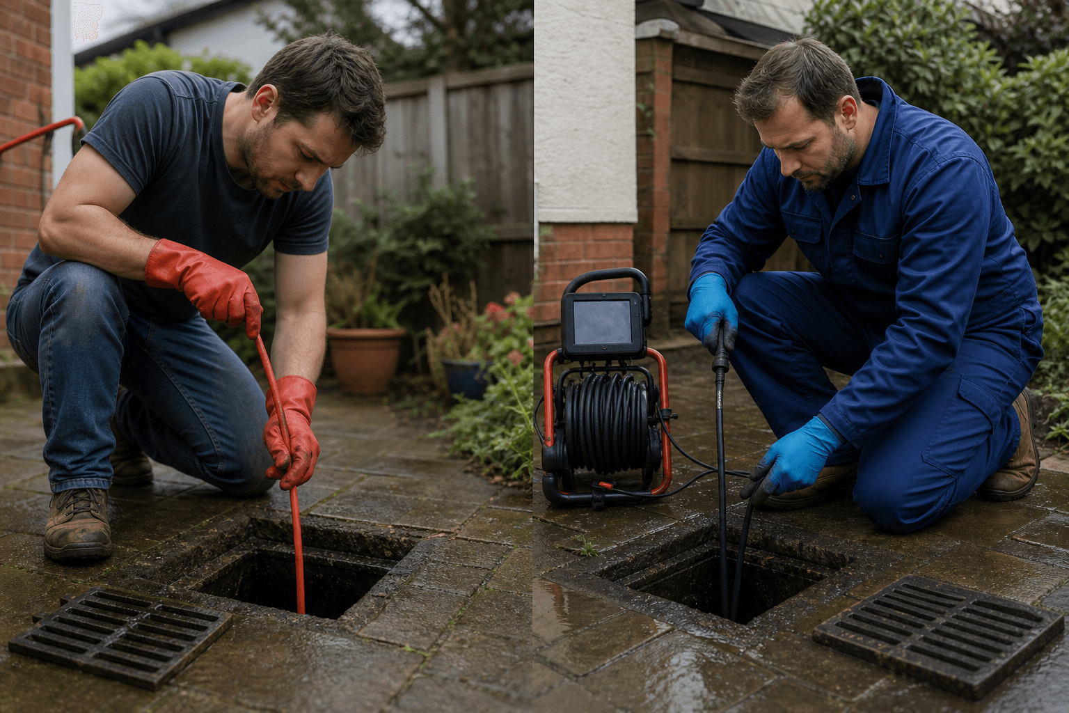 Homeowner with drain rods and plumber at the same UK garden gully, DIY versus professional drain clearing