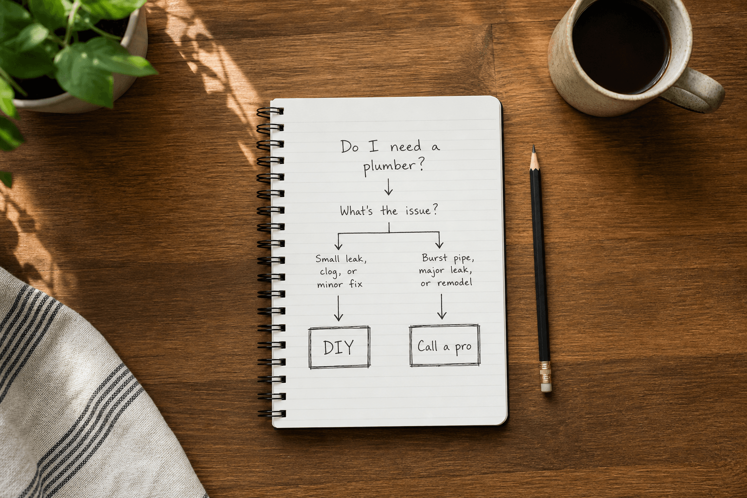 Notebook flat lay with a hand-drawn flowchart choosing DIY or calling a drain professional