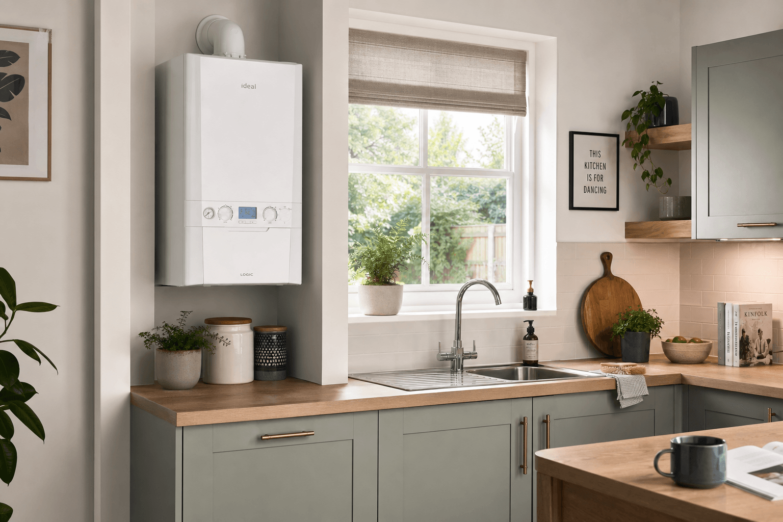 UK kitchen with wall-mounted combi boiler in a semi-detached home