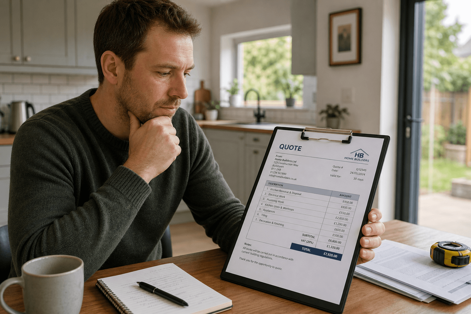 UK homeowner reviewing printed tradesperson quote at kitchen table with calculator and mug, natural window light photograph